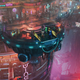 Four soldiers stand on an elevator on the mezzanine of a neon lit arcology in The Ascent